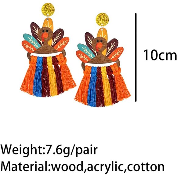 Wooden Turkey Pumpkin Maple Leaf Colorful Tassel Thanksgiving Earrings for Women - Picture 4 of 6
